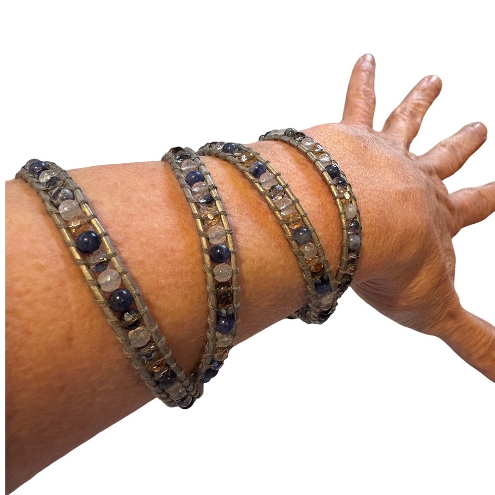 Victoria Emerson Mixed Stone‎ Leather Wrap Bracelet Grey Blue Crystal Boho Layer